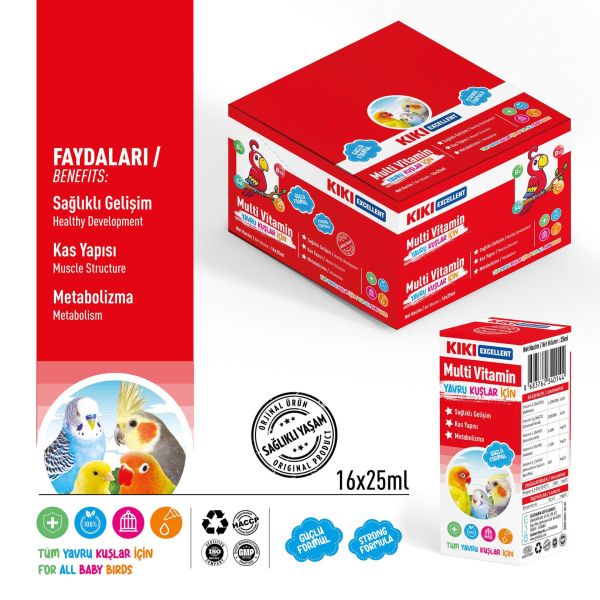 KIKI Excellent Kuş Yavru Kuşlar İçin Multi Vitamin 25 ml. 16 Adet (Kutu)