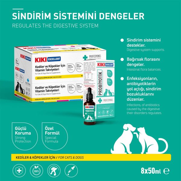 KIKI Excellent Kedi & Köpek Probiyotik Şurup 50 ml. 8 Adet (Kutu)