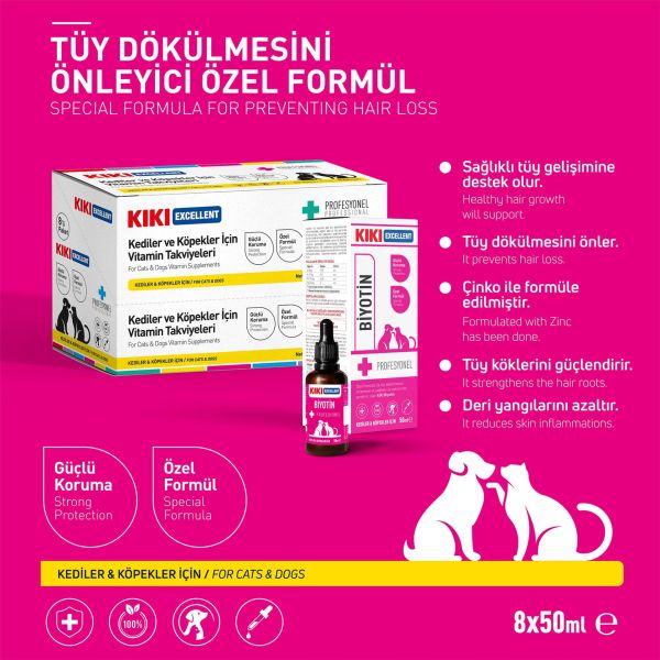 KIKI Excellent Kedi & Köpek Biyotin Şurup 50 ml. 8 Adet (Kutu)