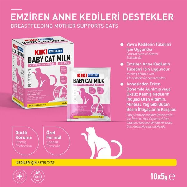 KIKI Excellent Kedi Süt Tozu Saşe (Whey Protein & İnulin) 5 gr. 10 Adet (Kutu)