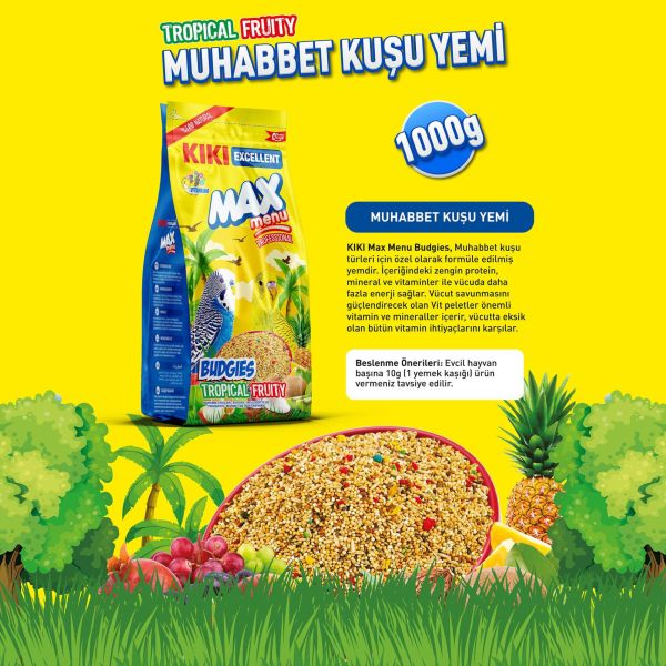 KIKI Excellent Kuş Max Menu Tropikal Meyveli Muhabbet Kuşu Yemi 1000 Gr. 8 Adet (Kutu) KB312B8