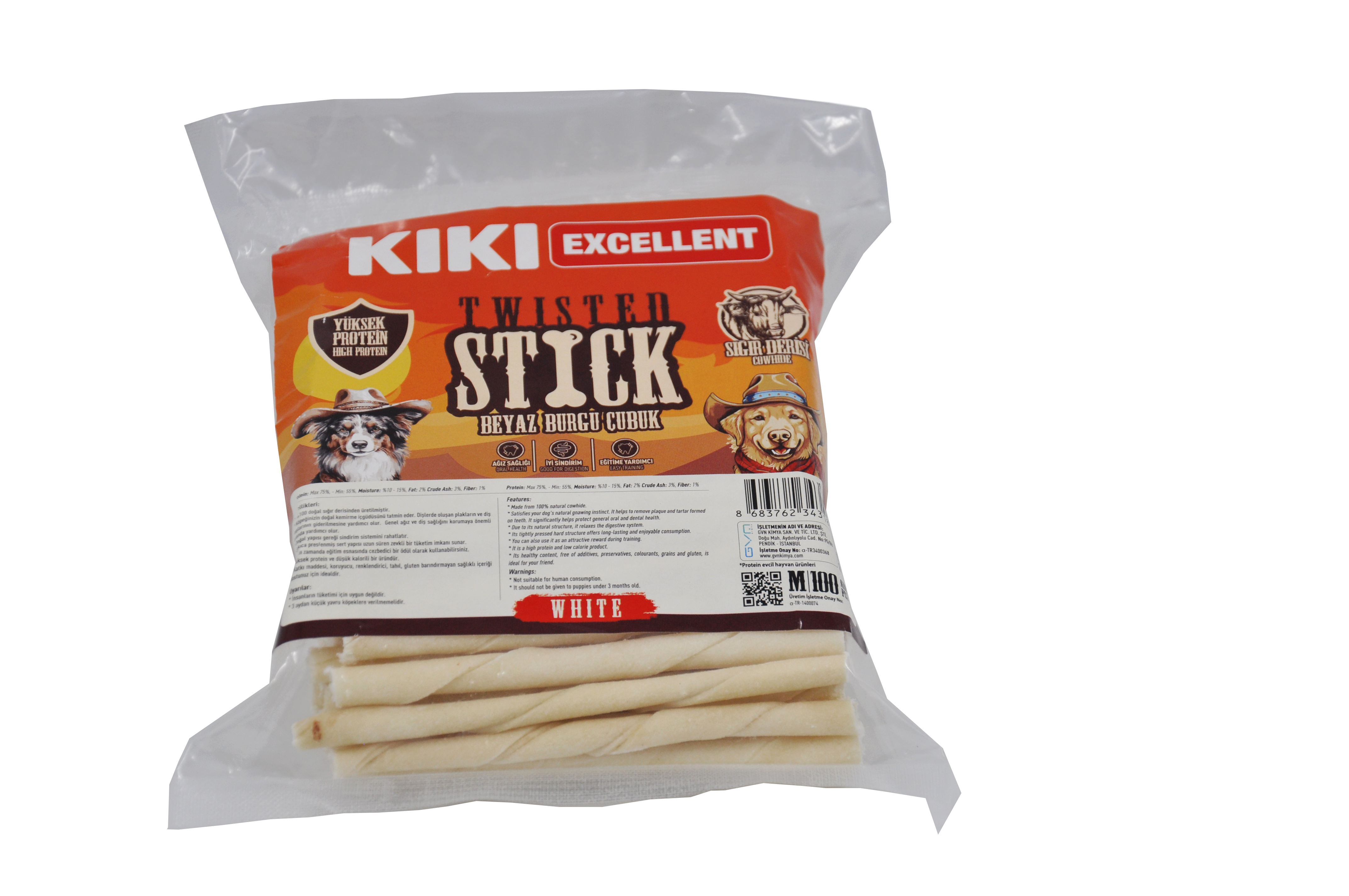 WHITE TWİSTED STİCK (BEYAZ BURGU ÇUBUK) SIĞIR DERİSİNDEN  M - 100 ADET