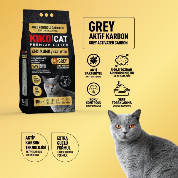 (PALET - 120 ADET) KIKO CAT GREY AKTİF KARBON PREMIUM BENTONİT KEDİ KUMU - 10L