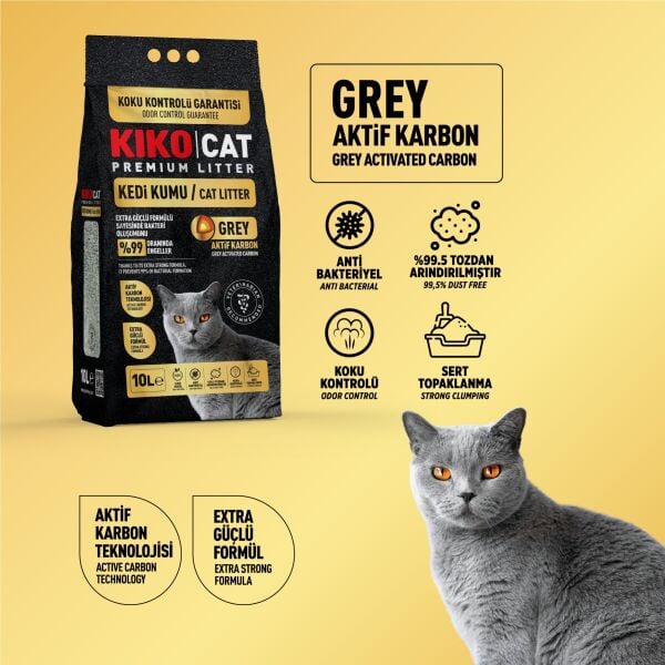 (PALET - 120 ADET) KIKO CAT GREY AKTİF KARBON PREMIUM BENTONİT KEDİ KUMU - 10L