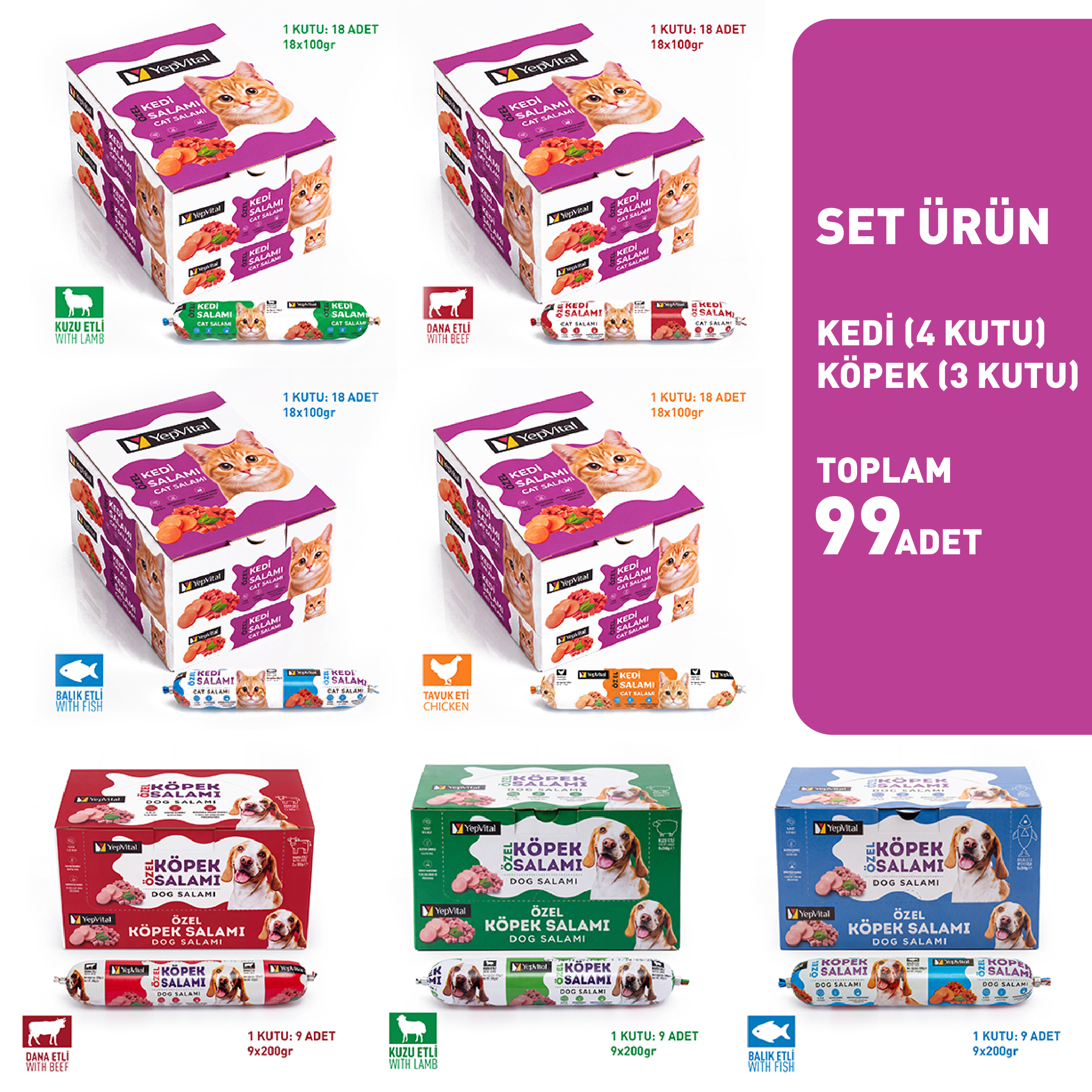 YepVital Kedi-Köpek Salamı Set - 4 Kutu (18x100gr) / 3 Kutu (9x200gr) - SET ÜRÜN